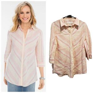 Chico's Size 1 Top Blouse Shirt No Iron Pink Stripes 3/4 sleeves 100% Linen